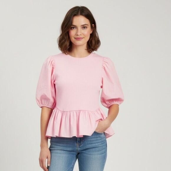English Factory Pink Puff Sleeve Peplum Top Size Small - Picture 1 of 6